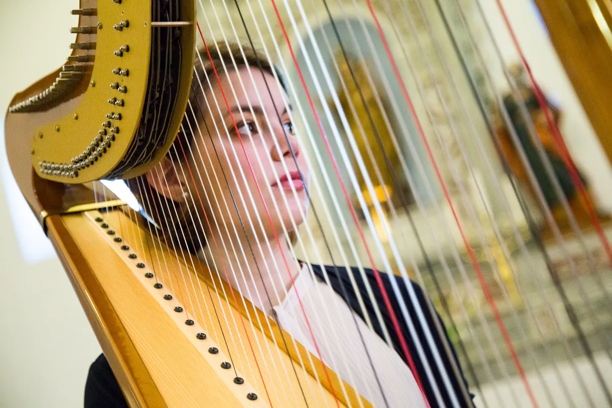 Eleonora Congiu seen through the strings of a gilded pedal harp