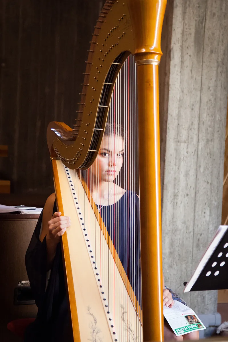 Eleonora Congiu looking through the strings from behind her pedal harp