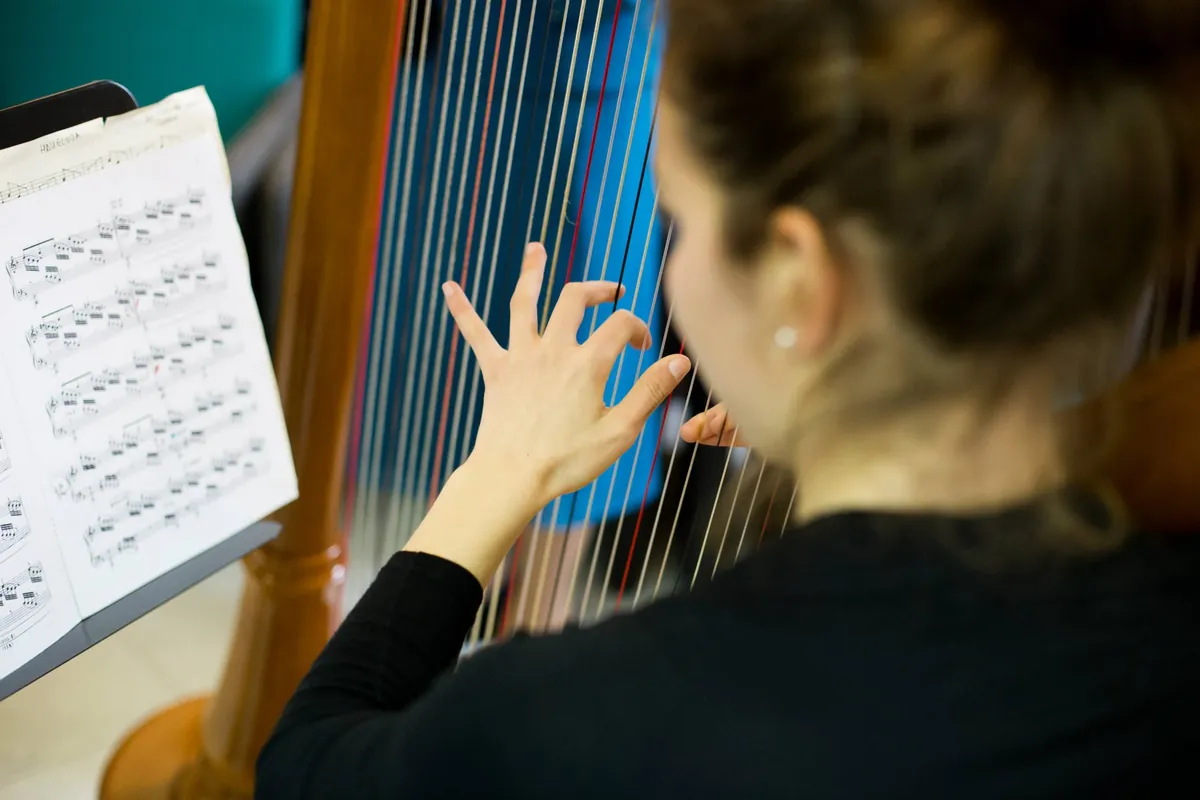 Eleonora Congiu reading from a score at the pedal harp, blue strings in the foreground