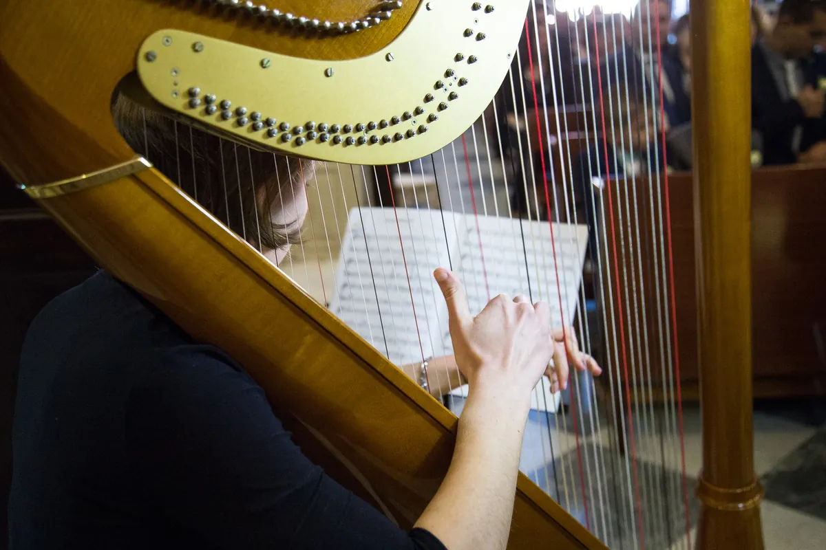 Eleonora Congiu seen over the shoulder at the pedal harp with the score in front of her